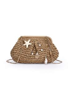 BAILEE 春夏新款一体式手拿包，手工编织草编，饰以海洋风装饰，多色草编夹扣，可拆卸金色链条肩带，女士单肩包、斜挎包、手拿包，适合海滩休闲度假、购物、派对、婚礼招待会、送礼，可搭配各种服饰 - 彩色 - 查看 4