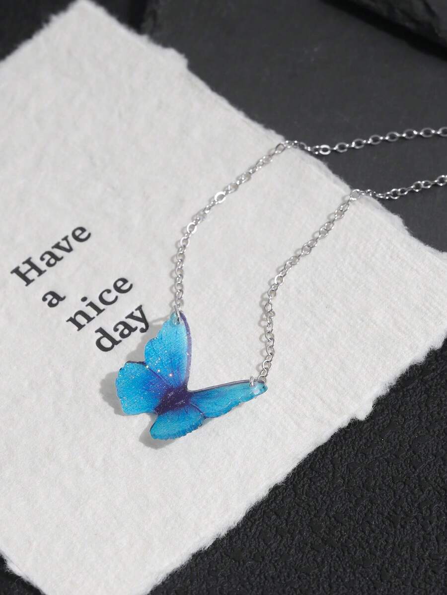 1件INS风亚克力蝴蝶锁骨链，时尚百搭简约3D立体逼真蓝色蝴蝶项链，女士款 - 銀色 - 查看 1