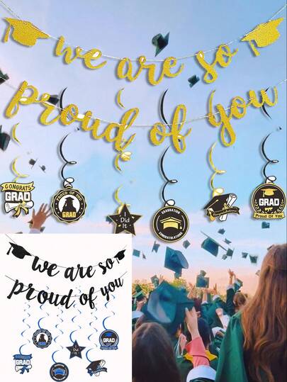 1 Set Graduation Season Colorful Pennant Garland Banner, "We Are Proud Of You" Black/Gold/Blue Text Decor Banner, Five-Pointed Star, Graduation Scroll, Doctoral Cap Pattern Spiral Hanging Decor, Graduation Season Paper Decor, Party Background Hanging Decor, Classroom Decor Supplies, DIY Hanging Decor, Suitable For Graduation Decor, Classroom Background Decor, Outdoor Decor, Holiday Hanging Decor
