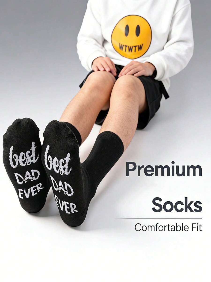 1 Pair Men's "Best Dad Ever" Letter Printed Mid-Calf Socks, Funny Gift Socks For Dad, Father, Men - Black - View 1