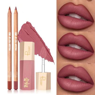 Pudaier 3 יחידות שילוב של שפתיים מט וליפגלוס - סט שפתיים וגלישת בוץ, פורמולה קטיפה עמידה במים, חלקה וצבועה בגווני ניוד ושזיף למראה יומיומי וחג | שילוב מושלם לשפתיים חלקות ופורמולה שאינה נשאבת צבע