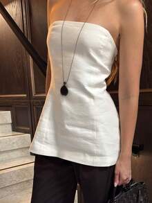 Look Polly 女士优雅休闲白色无肩带抹胸上衣，收腰弧形下摆无袖吊带衫，适合度假、海滩和夏季约会穿着 - 白色 - 查看 9