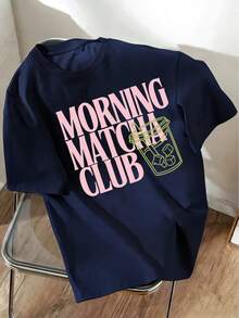 Camiseta de manga corta con cuello redondo, corte holgado y diseño de patrón lindo para mujer. Adecuada para días festivos, vuelta al colegio, Día del Maestro, etc. Estampado de letras, suave, holgada y cómoda. Estilo casual y elegante para la calle en verano. - Azul Marino - Ver 4