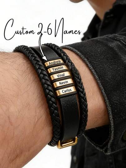 1pc Customized Men's Leather Bracelet, Personalized Father's Bracelet With Child's Name Engraved, Customized Beaded Steel Bracelet, Family Gift For Grandpa, Father's Day Gift For Dad