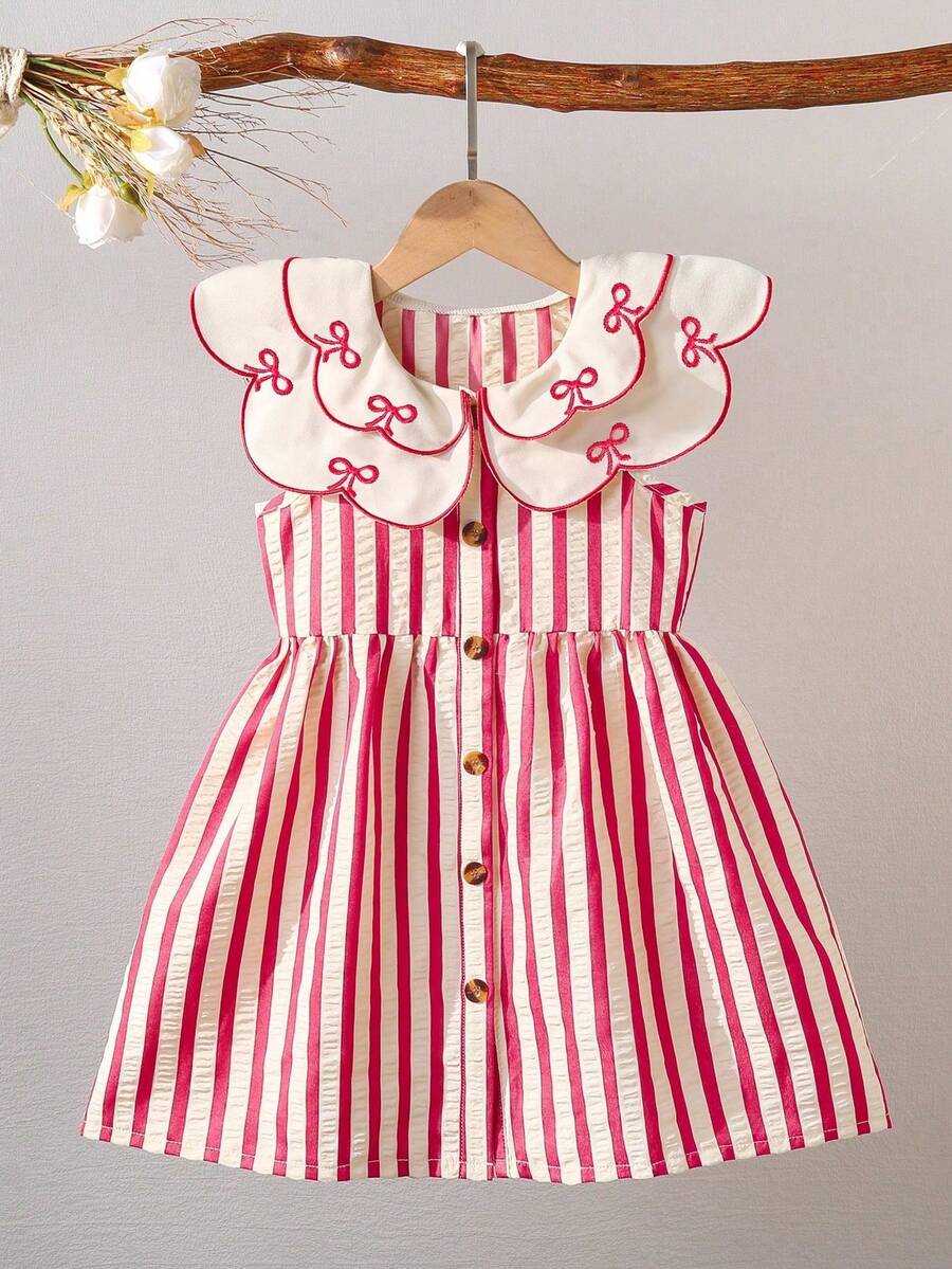 Young Girl' Summer Fresh & Energetic Red & White Striped Ruffle Collar Bow Tie Dress, Retro Cute Style, Suitable For Amusement Park, Theme Party, Vacation, Gathering And Other Occasions - Red - View 1