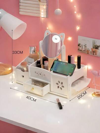 Caja de almacenamiento de maquillaje con espejo incorporado, organizador de tocador a prueba de polvo con dos cajones para productos de cuidado de la piel y belleza, estante de almacenamiento con estilo de cajón, adecuado para tocador o mesa de vestir, organizador de maquillaje de gran capacidad para lápices labiales, brochas, lociones y accesorios, organizador de tocador minimalista blanco para dormitorio, baño y dormitorio, caja de almacenamiento de cosméticos de moda, regalo ideal para mujeres, estudiantes y entusiastas de la belleza