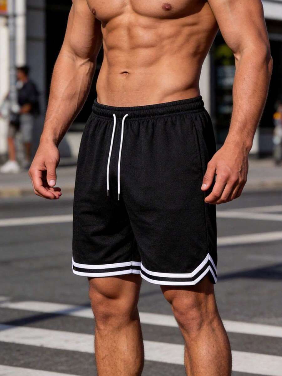 Pantalones cortos casuales estilo baloncesto para hombre con cordón, diseño de ribete de color contrastante - Blanco y Negro - Ver 1
