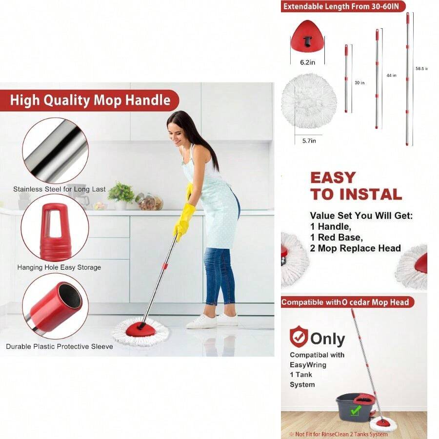 2 Spin Mop Head Replacement, 1 Base, 1 Mop Handle (30-58in) Combo Mops Set Compatible With OCedar EasyWring RinseClean Microfiber Mops (White (1-Tank System)) - White (1-tank System) - View 1