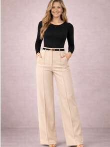 Women's Tailored Trousers With Belt, Super Comfortable - 米色 - 查看 2