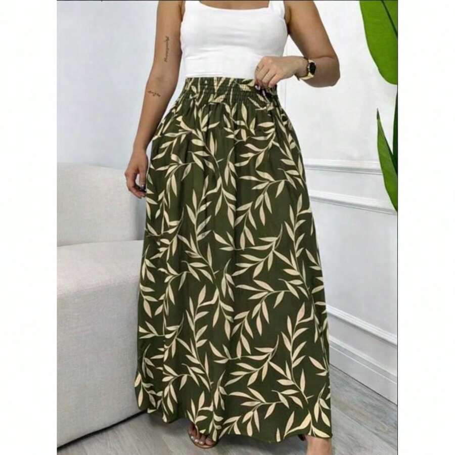 Long, Printed Viscose Skirt, Lined, High Waist With Pockets And Side Slits. - verde militar - 查看 1