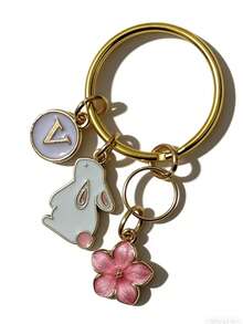 Customizable Initial Spring Sakura Set Keychain, Pink Flower Rabbit Pendant, Forest Fairy Style Keyring, Unisex Car Key Chain For Daily And Holiday Accessories - White Rabbit + Pink Flower - View 4