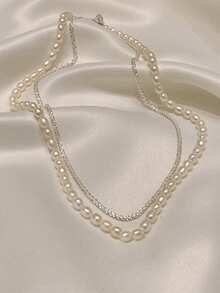 2pcs/Set Shimmering Pearl Necklace Set For Women (Pearl Quantity Random), Suitable For Daily Wear Accessories, Niche Gift - Silver - View 4