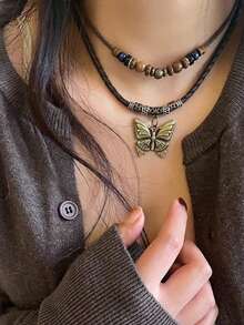 1 pièce Collier ajustable fait main en alliage rétro papillon et perles en bois, convient pour le port quotidien des femmes - Marron - Voir 1
