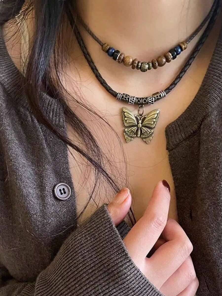1 pièce Collier ajustable fait main en alliage rétro papillon et perles en bois, convient pour le port quotidien des femmes - Marron - Voir 1