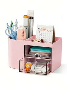 1 Stück Schreibwaren Aufbewahrungsbox, Bürobedarf Box, Schreibtisch Organizer Box mit Schublade, Stifthalter, geeignet für Visitenkarten, Stifte, Bleistifte, Haraccessoires, Schreibwaren Regal Aufbewahrungsbox (Weiß, Pink, Blau) - Verschiedenfarbig - Übersicht 2