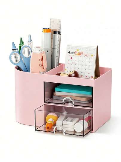 1个文具收纳盒，办公用品盒，带抽屉的桌面整理盒，桌面笔筒，适用于名片、钢笔、铅笔、发饰、文具架收纳盒（白色、粉色、蓝色）