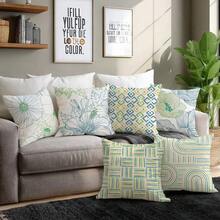 6件套简约蓝绿黄线条花卉几何印花抱枕套【不含枕芯】，尺寸分别为17.7*17.7英寸（45*45厘米）/19.69*19.69英寸（50*50厘米）/15.75*15.75英寸（40*40厘米），【单面印花】涤纶材质抱枕套，适用于沙发、床、客厅、卧室、汽车、办公室、酒店装饰，四季皆宜，是馈赠亲友的理想之选。 - 彩色 - 查看 8