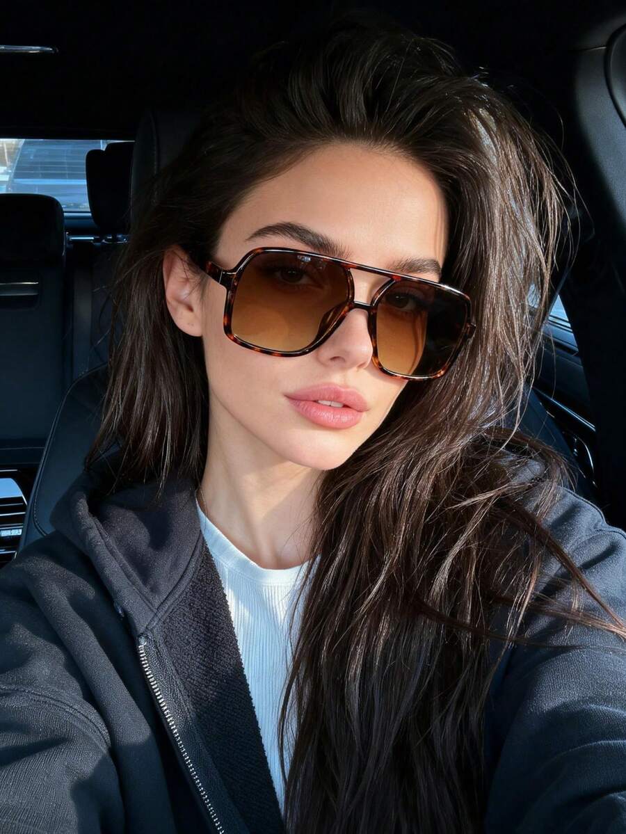 1pc New Arrival Fashion Double-Bridge Large Frame Women's Glasses, Minimalist Elegant Style - Tortoise Shell Frame Tea - View 1