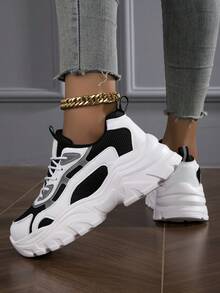 2025 Autumn Women's Comfortable Round Toe Lace-Up Height Increasing Running Shoes, Four Seasons Low Cut Color Block Breathable Chunky Sneakers - Black and White - View 6