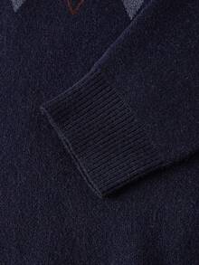 Officeau 男士加厚圆领毛衣，商务休闲提花针织长袖上衣，百搭叠穿单品，格子条纹图案，秋冬款，复古风格 - 藏蓝色 - 查看 6