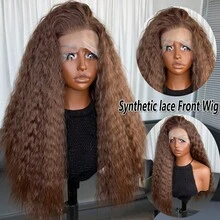 22" Kanekalon Futura Synthetic Lace Front Wig, 13x4 Lace, Wavy, No Glue Needed, Heat Resistant Kanekalon Fiber, Middle Part, 150% Density, Natural Hairline, Suitable For Fashion Women, Girls, Party, Vacation, Daily Wear, Soft Synthetic Fiber, Beginner Friendly - Brown - View 2