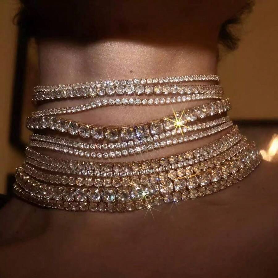 1件套时尚优雅全水晶新娘首饰套装，闪亮单排水晶项链，女士款 - 金色 - 查看 1