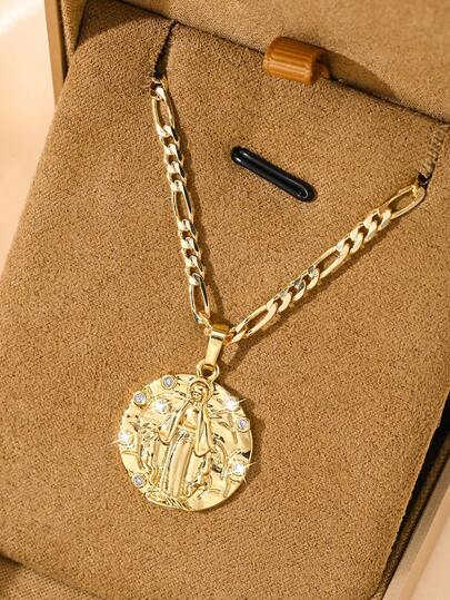 14K镀金铜项链，圣母玛利亚锆石镶嵌吊坠，经典宗教风格，优雅百搭，是送给女友和家人的理想礼物