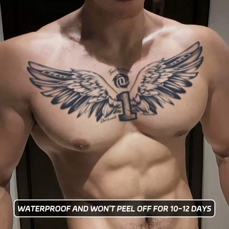 1 Piece Waterproof Long-Lasting Temporary Tattoo Sticker With Wing Design For Chest And Back, Lasts 1-2 Weeks, Semi-Permanent Realistic Fake Tattoo