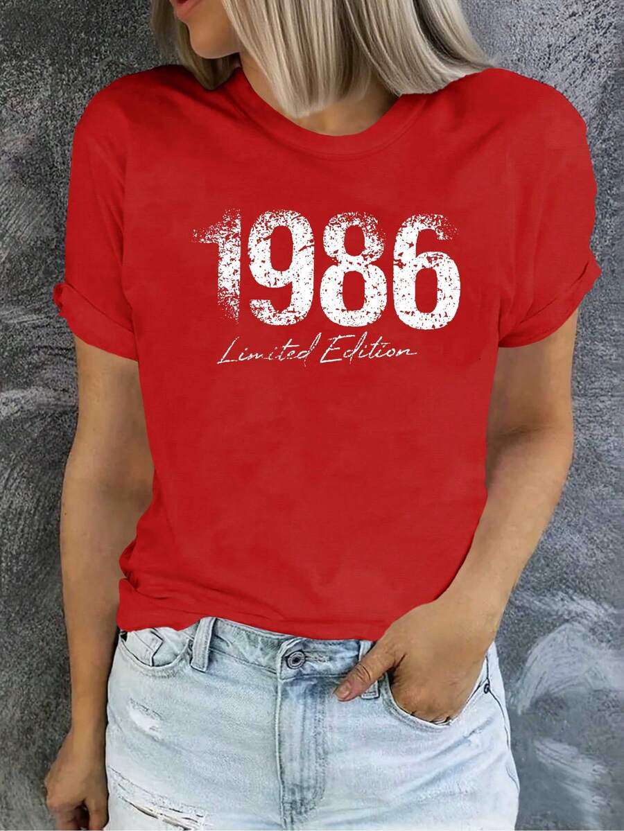 Women's Short Sleeve T-Shirt, 1986 Limited Edition - Vintage Street Style Unisex Loose Cotton Short Sleeve Crew Neck T-Shirt - 紅色 - 查看 1