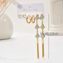 6pcs/Set European And American Fashionable Stainless Steel Geometric Fan-Shaped Long Tassel Earrings, Versatile Daily Wear Earring Set For Women - Multicolor - View 4