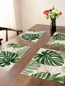 Juego de 4 manteles individuales, Juego de manteles individuales con hojas de palma de primavera/verano, Patrón de hojas de monstera verde tropical, Decoración de cocina y hogar estilo hawaiano - Verde - Ver 8