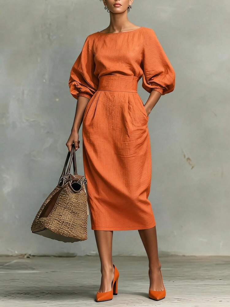 Vestido de verano elegante de unicolor, casual, con bolsillo dividido y decoración de botones para el escenario y los conciertos - Naranja Coral - Ver 5