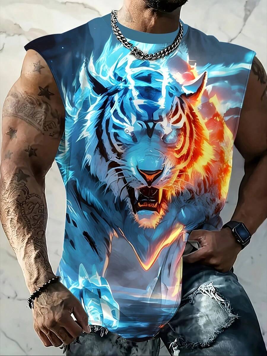 加大码男士3D冰火虎无袖背心，奇幻动物印花肌肉衫