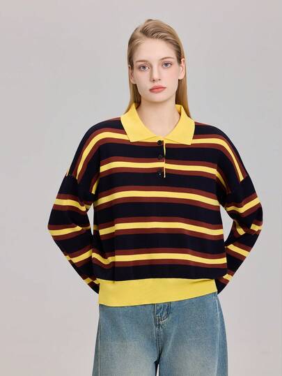 Women's Casual Commuting Contrast Stripe Pattern Polo Collar Loose Knit Sweater, Spring/Autumn