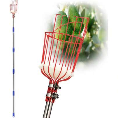Fruit Picker Pole Tool With Basket Long Handle, 35-65 Inch Adjustable Apple Orange Picker Pole Tool With Basket For Avocado Acorn Lemon Pear Mango Tree Picker
