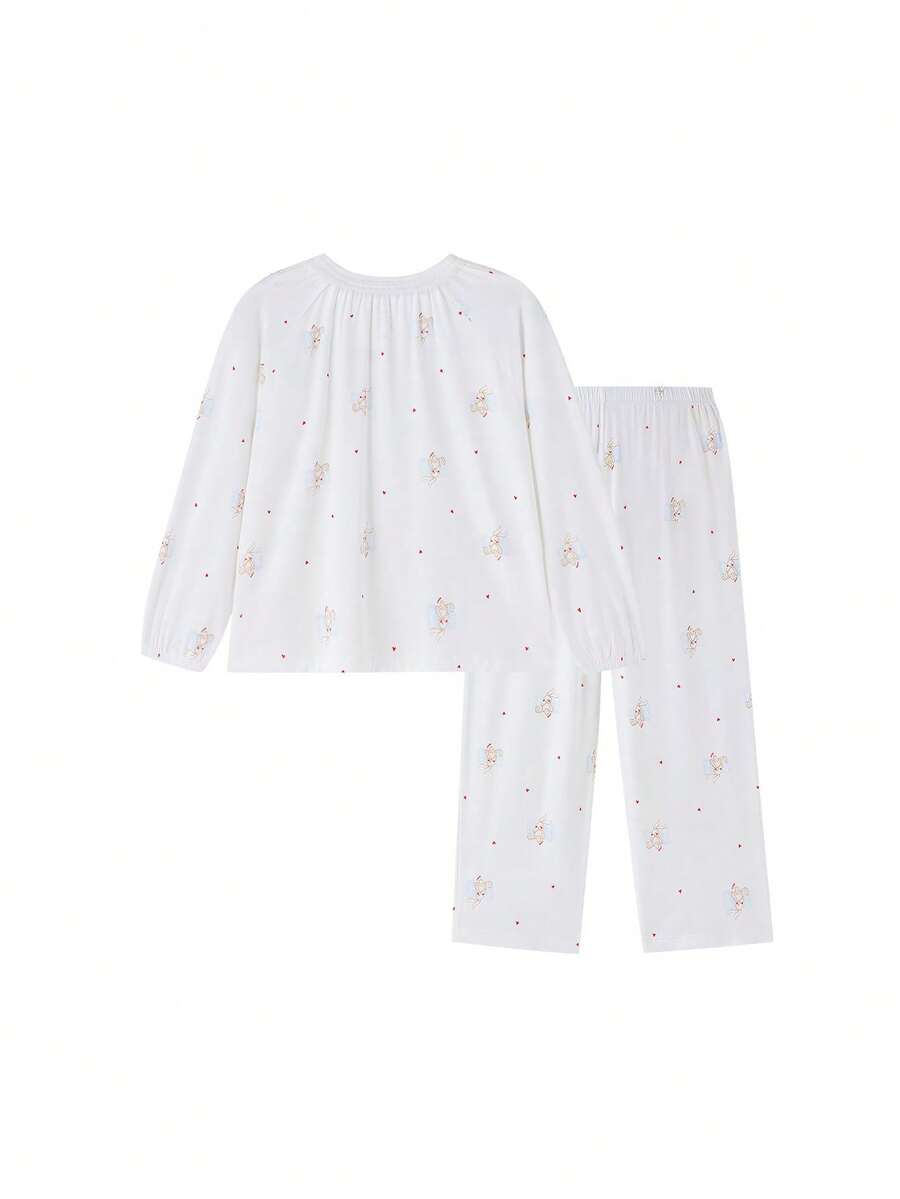 Annil 女童弹力可爱时尚宽松睡衣套装，春季新品 - 白紅花 - 查看 1