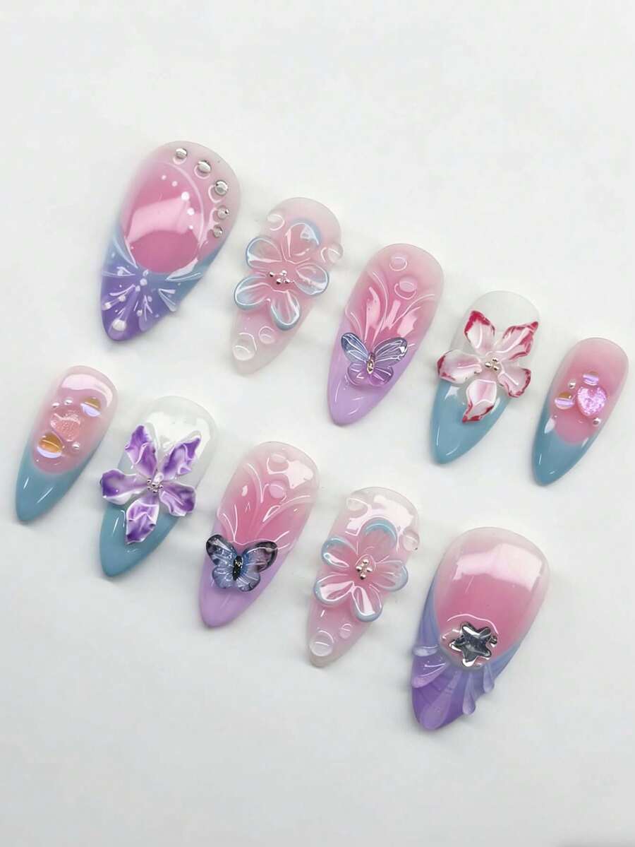 10pcs 3D Gradient Flower & Butterfly Decor Water Wave Rhinestone Design Y2K Style Glossy Full Cover Acrylic Nail Stickers, Suitable For Almond-Shaped Nails, Daily Wear For Women & Girls, Spring