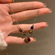 1pc Brown Round Tiger Eye Stone Pendant Necklace, Vintage Versatile Stainless Steel Choker Necklace, Elegant Accessory For Women - Multicolor - View 10