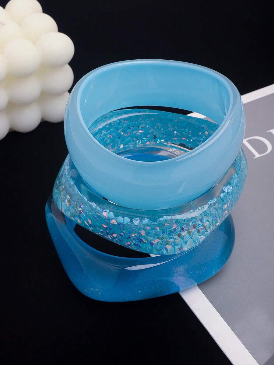 Bộ 3 vòng tay acrylic kiểu dáng đại dương xanh dương, thiết kế tối giản thanh lịch, có thể nhuộm màu, phù hợp để đeo hàng ngày và đi nghỉ mát. - Xanh 2 - Xem 1