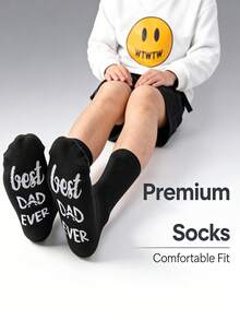 1 Pair Men's "Best Dad Ever" Letter Printed Mid-Calf Socks, Funny Gift Socks For Dad, Father, Men - Black - View 6