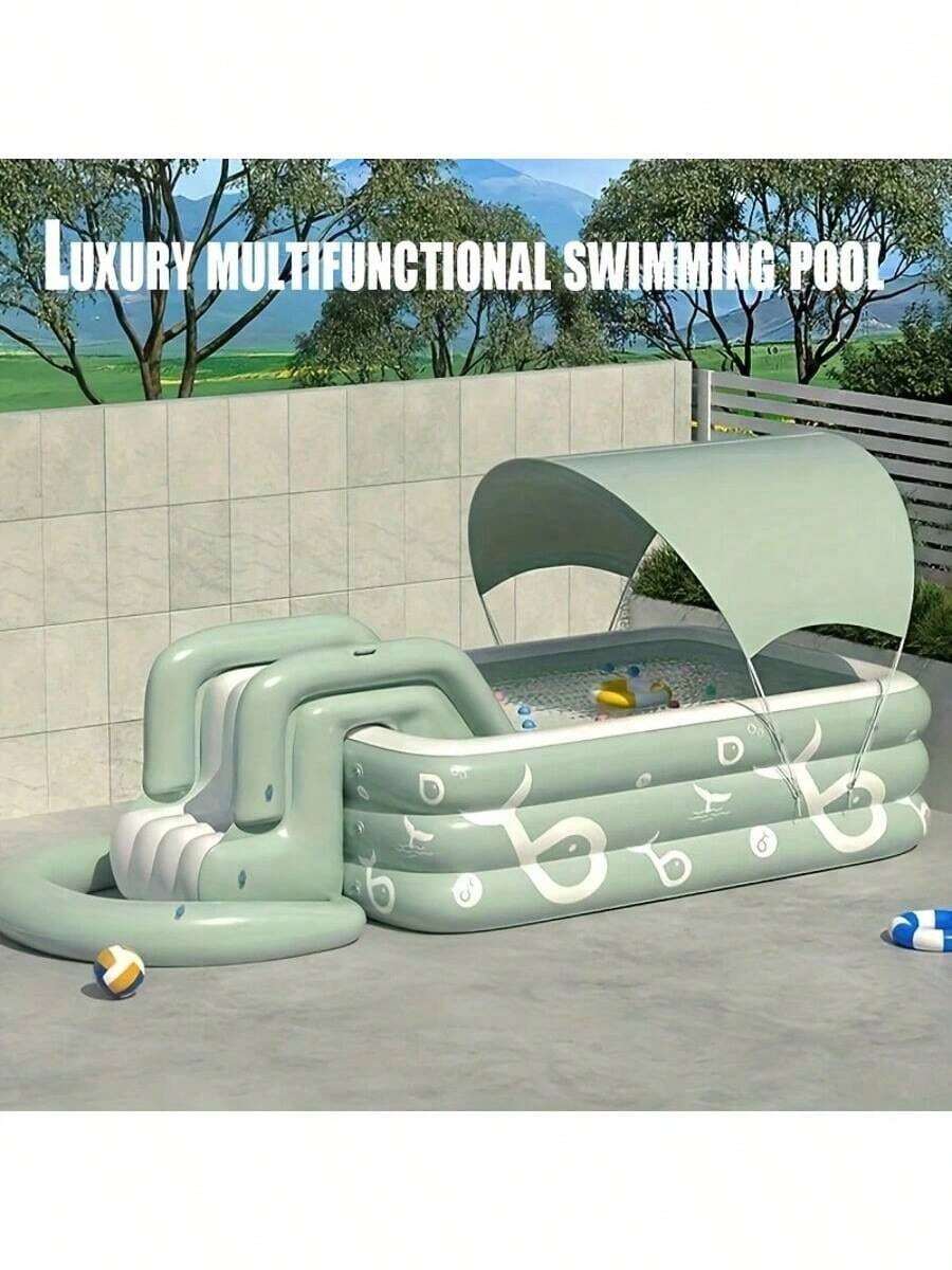 Large Inflatable Swimming Pool, Family Pool With Inflatable Slide, Durable PVC Material, Can Be Used As Sandbox, Easy To Install, Rectangular Pool, Ideal For Backyard Summer Entertainment And Pool Parties - A - View 1