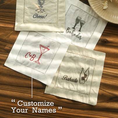 Personalized Embroidered Coasters With Name/Text And Champagne Pattern - Customized Cocktail Coasters For Weddings, Parties, Reusable Coaster Set - Elegant Tabletop Decor For Champagne, Wine, Ideal Gift For Holidays (Valentine's Day)