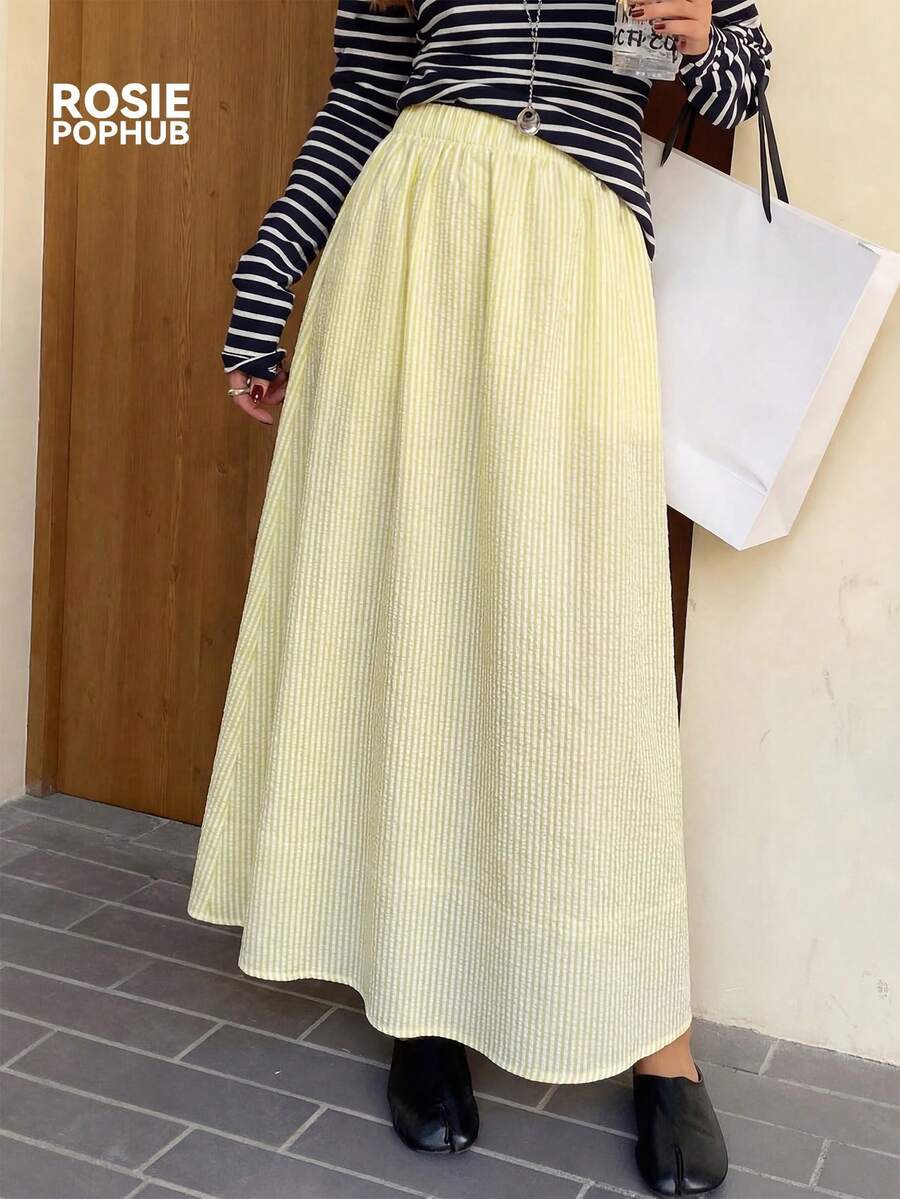 ROSIE POPHUB 女士黄白条纹撞色长裙，休闲百搭优雅学院风，适合日常办公、日常穿着、婚礼季、音乐节、春季、夏季、冬季外出，新品上市