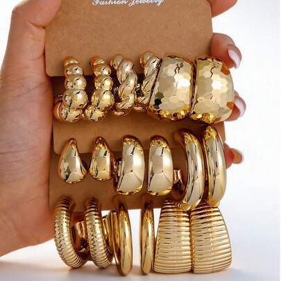 Bold Gold Cuff Earrings Set | Hammered & Ribbed Metal Hoops | Minimalist Chunky Statement Earrings For Party & Street Style