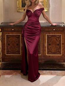Summer Dress, Burgundy Off-Shoulder Fitted Elegant Women's Dress, High Slit To Thigh Sexy Formal Evening Gown Wedding Party - Burgundy - View 3