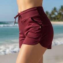 Acqua Bronze Set Of 2 Women's Adjustable Drawstring Shorts With Pockets, Versatile, Sporty, Double Waistband, Simple, Casual - 軍綠色/瑪薩拉紅 - 查看 6
