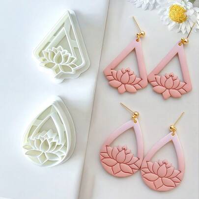 1pc/2pcs Lotus Shaped Soft Clay Earring Mold, 3D Geometric Water Drop Jewelry Pendant Mold