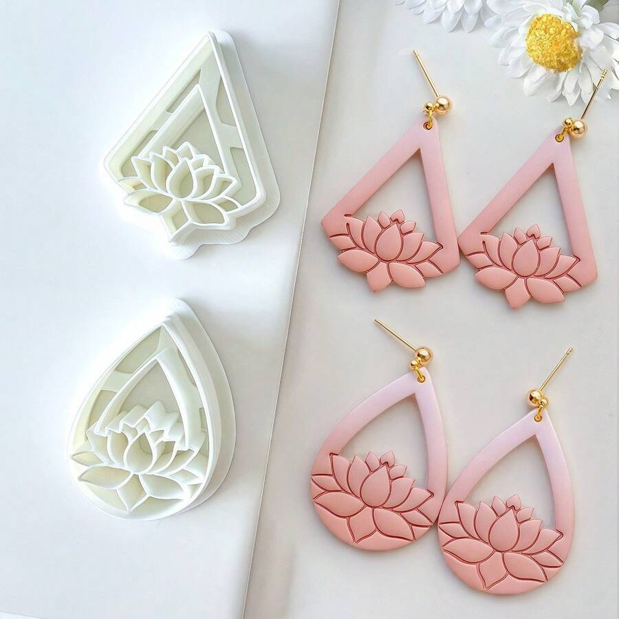 1pc/2pcs Lotus Shaped Soft Clay Earring Mold, 3D Geometric Water Drop Jewelry Pendant Mold - White - View 1