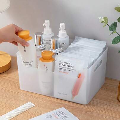 1/2pcs Cosmetic Storage Box, Multifunctional Bathroom Makeup Organizer, Desktop Plastic Cosmetics Box With Handle, Large Capacity Skincare Facial Mask Storage Basket, Suitable For Bedroom, Bathroom, Dorm Use