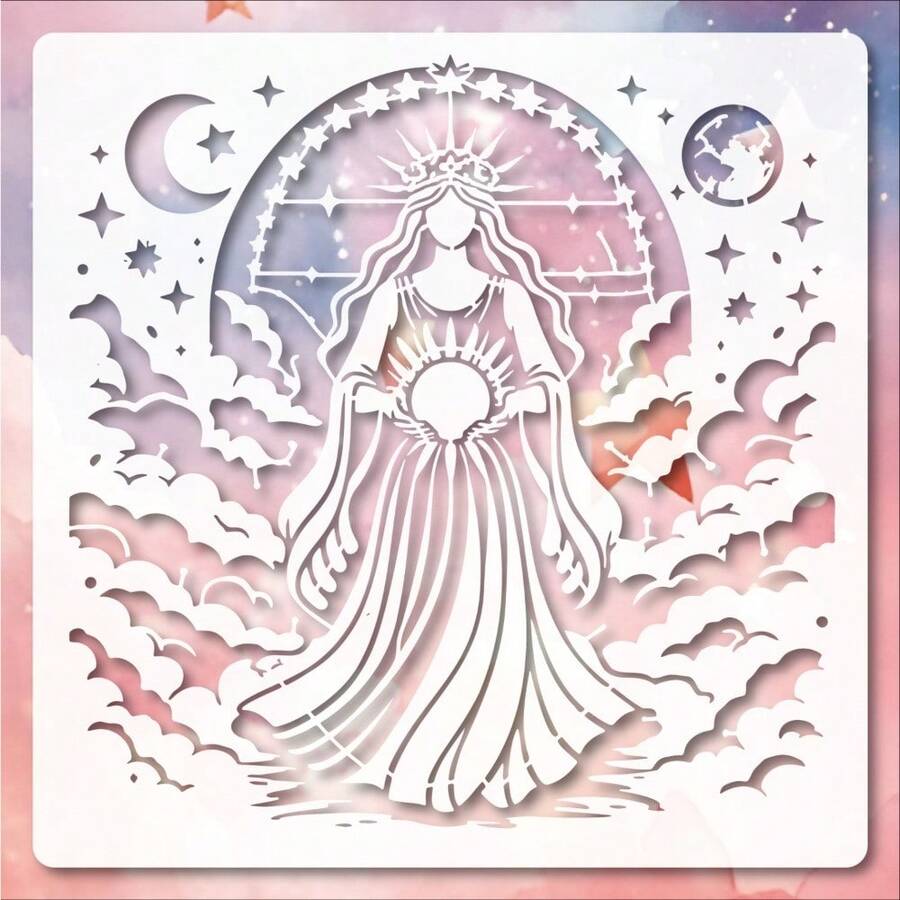 Plantilla de arte celestial femenina reutilizable para pintura en aerosol DIY, adecuada para decoración de paredes del hogar, ropa de tela, bolsas, manualidades hechas a mano, patrones de pintura, etc. - Blanco - Ver 1